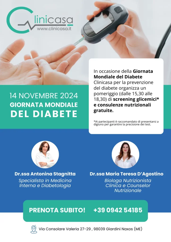 Locandina evento Screening Gratuito Clinicasa in occasione della Giornata Mondiale del Diabete 2024 